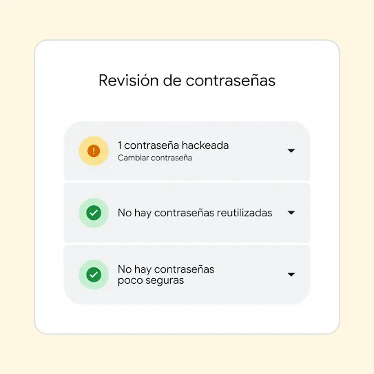 Interfaz de Revisión de contraseñas que muestra los resultados. Incluye “1 contraseña hackeada”, y una sugerencia para cambiar esa contraseña.