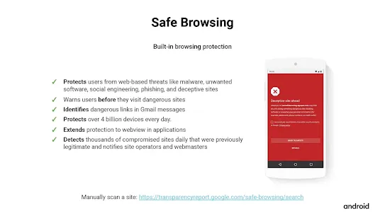 An informational slide about Safe Browsing features, listing protections against malware and phishing, alongside a smartphone showing a red "Deceptive site ahead" warning screen.