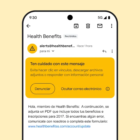 Imagen de un correo electrónico en Gmail en la pantalla de un smartphone, en la que se muestra una alerta de seguridad por un posible intento de phishing.