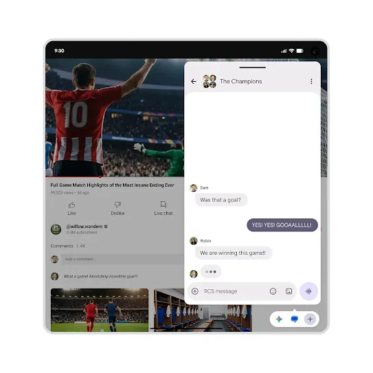 A foldable Android phone showing multiple app bubbles open
