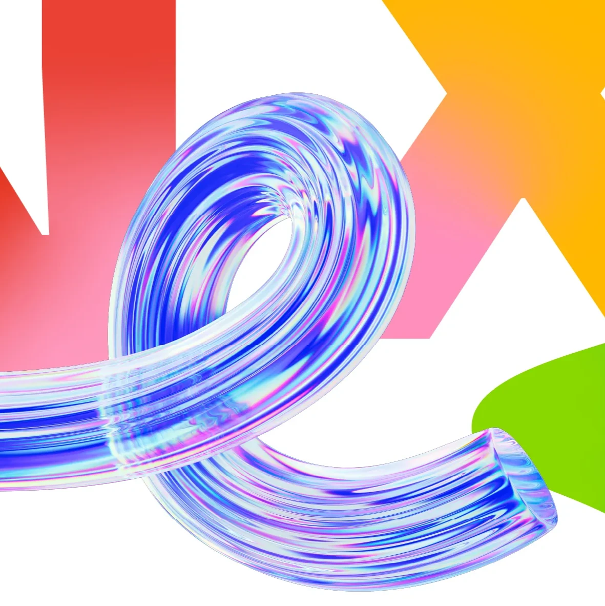 Red V, blue gradient loop, yellow X, and green star