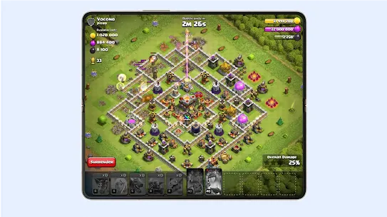 A Clash of Clans battleground displayed on a foldable phone’s screen.