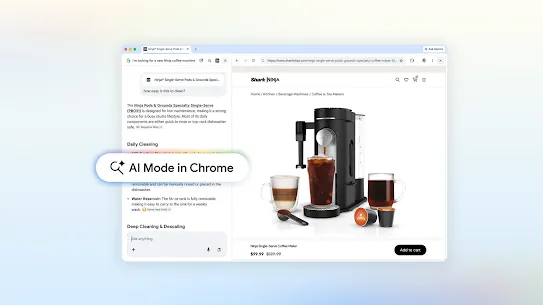 A browser window showing "AI Mode in Chrome" being used to ask questions about a coffee maker.