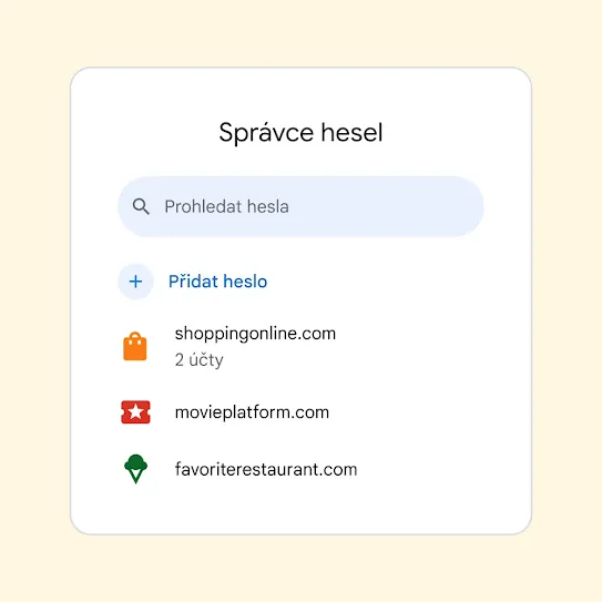 Rozhraní Správce hesel s polem pro vyhledávání hesel nad odkazem na přidání hesla.