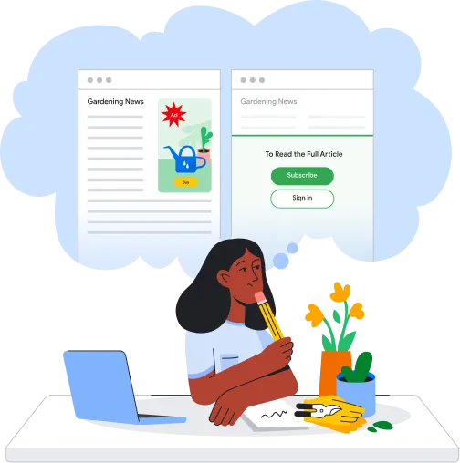 A conceptual illustration of a woman at a desk with a laptop and gardening tools, looking thoughtfully at two digital options in a thought bubble. One option shows a "Gardening News" article supported by a visual ad, while the other shows a paywall requiring a subscription or sign-in to read the full article.