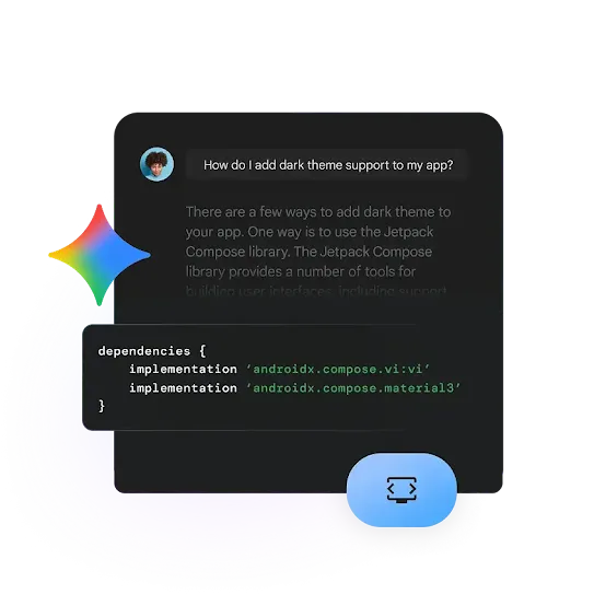An interface featuring a dark mode chat window where a user asks, "How do I add dark theme support to my app?" The AI response suggests using the Jetpack Compose library and provides a code snippet showing dependencies for androidx.compose.ui:ui and androidx.compose.material3. A blue circular icon with a code bracket symbol is located at the bottom right.