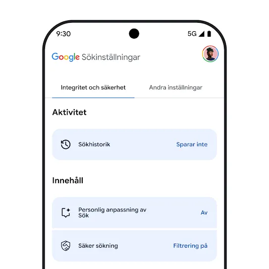 Bild som visar inställningar för Google Sök på en smartphone-skärm, inklusive inställningar för sökhistorik, personlig anpassning av Sök och SafeSearch.