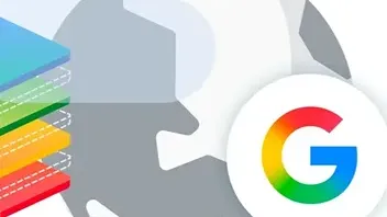 An abstract digital illustration featuring a grey stylized globe and a stack of colorful, layered rectangles in blue, green, yellow, and red. The circular Google "G" logo is positioned in the foreground.