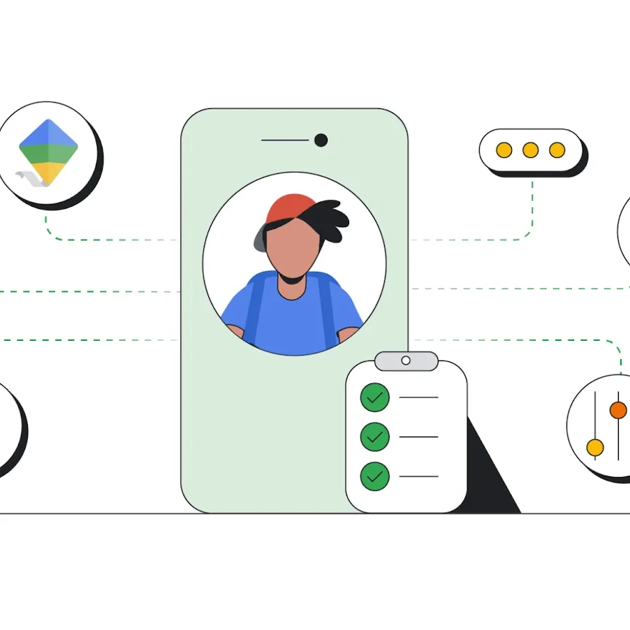 An illustration of a person on a smartphone screen surrounded by icons for security, family safety, and AI settings.