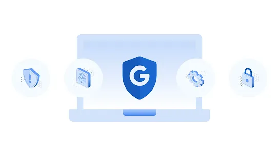 An illustration of a laptop computer displaying a blue shield with a white 'G' logo on its screen, surrounded by four circular icons depicting a warning shield, a fingerprint authentication scanner, system settings gears, and a security padlock.