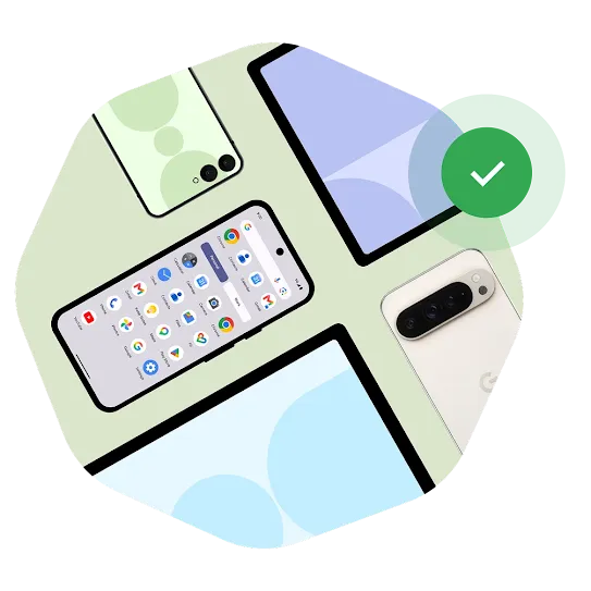 Various electronic devices on green background. A green check mark is right above the image.