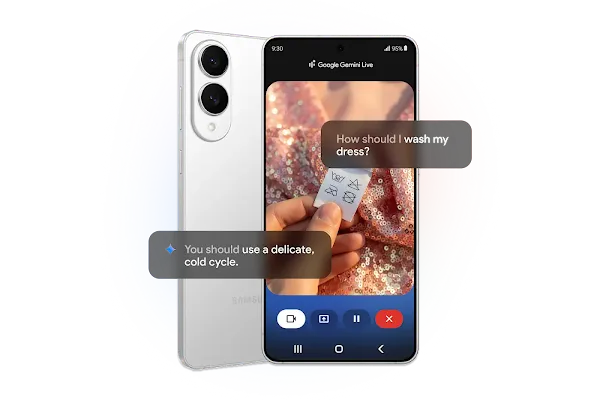 A front and back view of an Android phone. The phone screen shows a hand holding a tag for a sequined dress to show an example of how Gemini Live’s camera function can provide laundry tips.