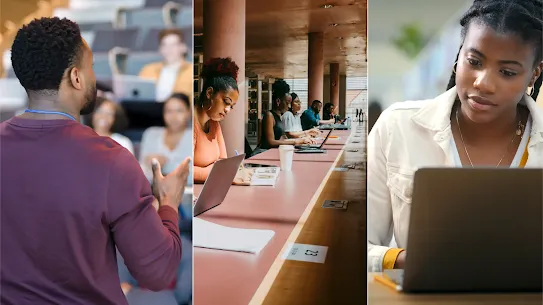 A three-panel vertical collage showing diverse students in educational settings. The left panel shows a man in a maroon shirt gesturing toward a lecture hall; the middle panel shows students working on laptops at a long desk in a library; the right panel shows a close-up of a young woman focused on her laptop screen.