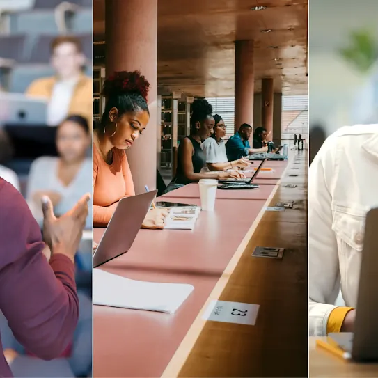 A three-panel vertical collage showing diverse students in educational settings. The left panel shows a man in a maroon shirt gesturing toward a lecture hall; the middle panel shows students working on laptops at a long desk in a library; the right panel shows a close-up of a young woman focused on her laptop screen.