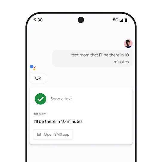 Visual of a smartphone screen with Google Assistant open, displaying a voice interaction to send a text to a family member.