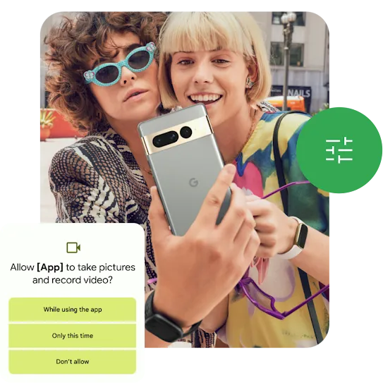 A user is taking a selfie along with their friends using an Android smartphone. And Android is prompting the user to select the level of access they want to give the app to take pictures and record videos.