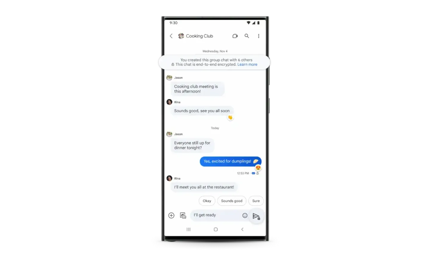 A phone showing an RCS conversation using end-to-end encryption which keeps your messages private