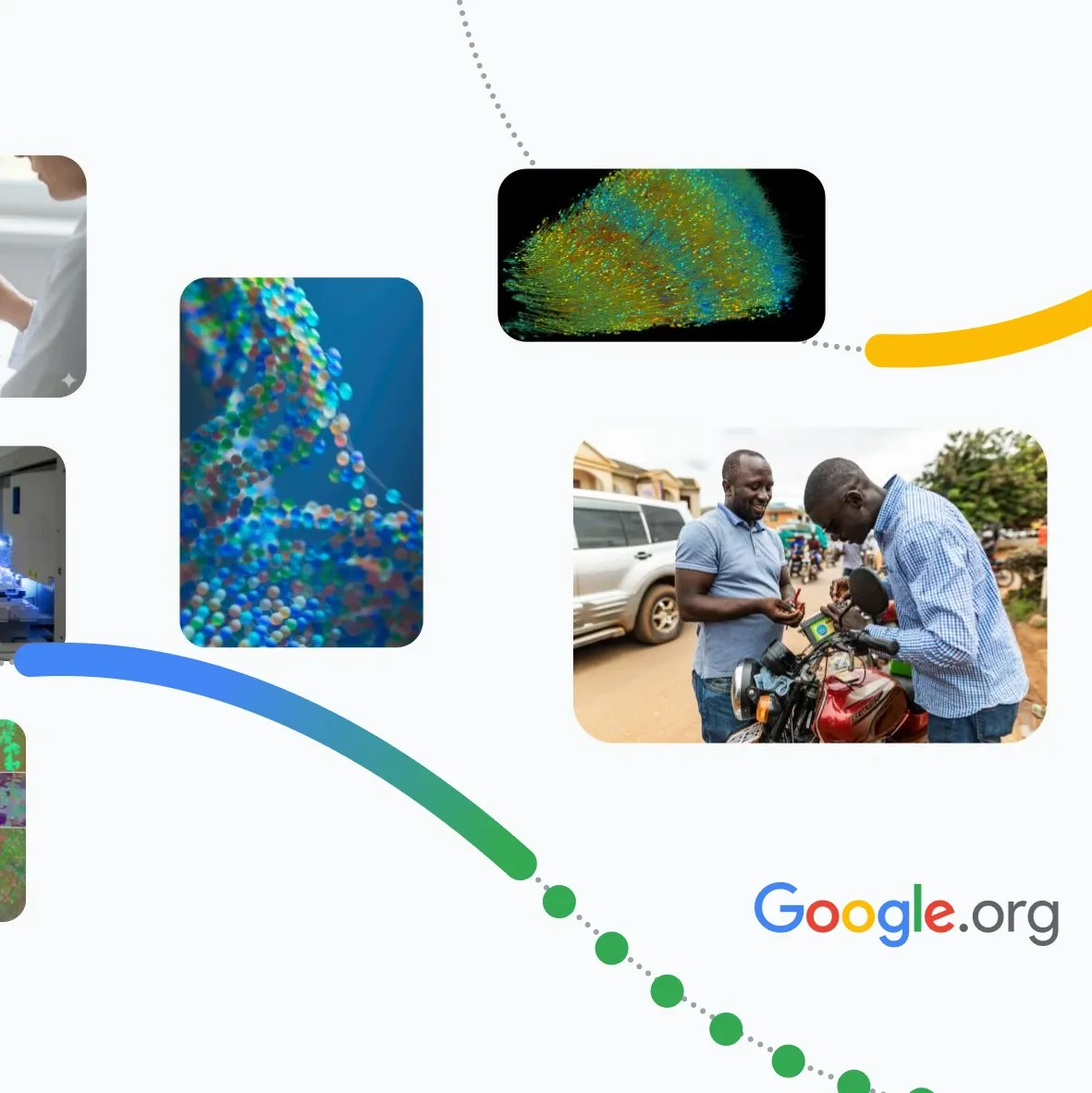 Mosaic of eight images: Lab work, DNA, data maps, engineering, mechanics, and greenhouse plants. Google.org logo.