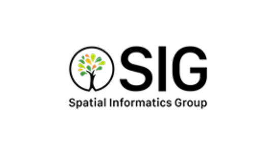 Official logo for Spatial Informatics Group (SIG) featuring a circular tree icon with green and orange leaves next to bold black text on a white background.