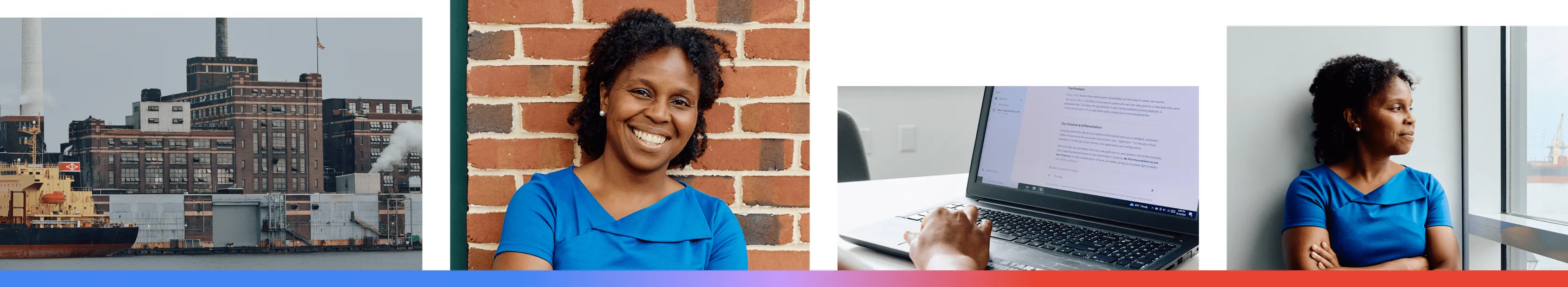 A composite of four images featuring CyDeploy in Baltimore, Maryland, showing the city's industrial waterfront, a professional portrait of founder Tina Williams-Koroma, the use of digital tools to manage cybersecurity solutions, and Tina looking out over the harbor reflecting on her mission to provide AI-driven security patching for small and medium-sized businesses.