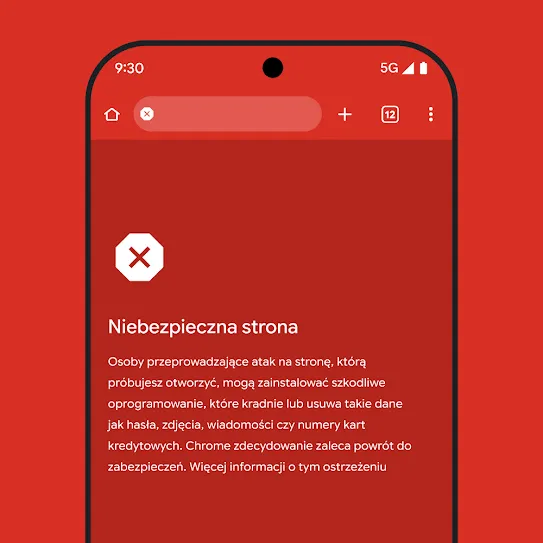 Ilustracja przedstawiająca ekran smartfona z otwartą przeglądarką Chrome, w której widać alert o niebezpiecznej witrynie, zalecane dalsze kroki i link Więcej informacji. 