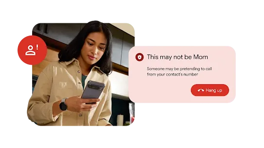 A person in a beige shirt stands in a kitchen looking at their phone. A scam warning notification borders the image.