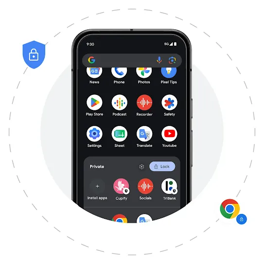 An Android homescreen with different apps. Behind the phone is a grey solid circle and a dashed circle right outside it. Two icons are scattered around the dashed circle. One is Chrome and the other is a blue shield with a white lock in the middle.