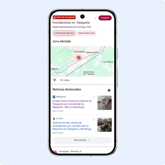Interfaz de un smartphone en la que se muestra una alerta de incendio de Google por los incendios forestales del área metropolitana de Los Ángeles. El panel detalla la calidad del aire de California de airnow.gov y NOAA con un mapa interactivo de área, un índice de escala de color del ICA y actualizaciones meteorológicas oficiales del Servicio Nacional de Meteorología que advierten sobre un aviso de viento fuerte.