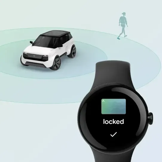 A smart watch with “Locked” displayed on the screen is situated in front of a car. The silhouette of a person walks away from the car.