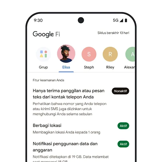 Visual layar smartphone dengan Google Fi Wireless terbuka, menampilkan deretan kontak di bagian atas dan daftar fitur keamanan di bawahnya, termasuk berbagi lokasi dan notifikasi data.