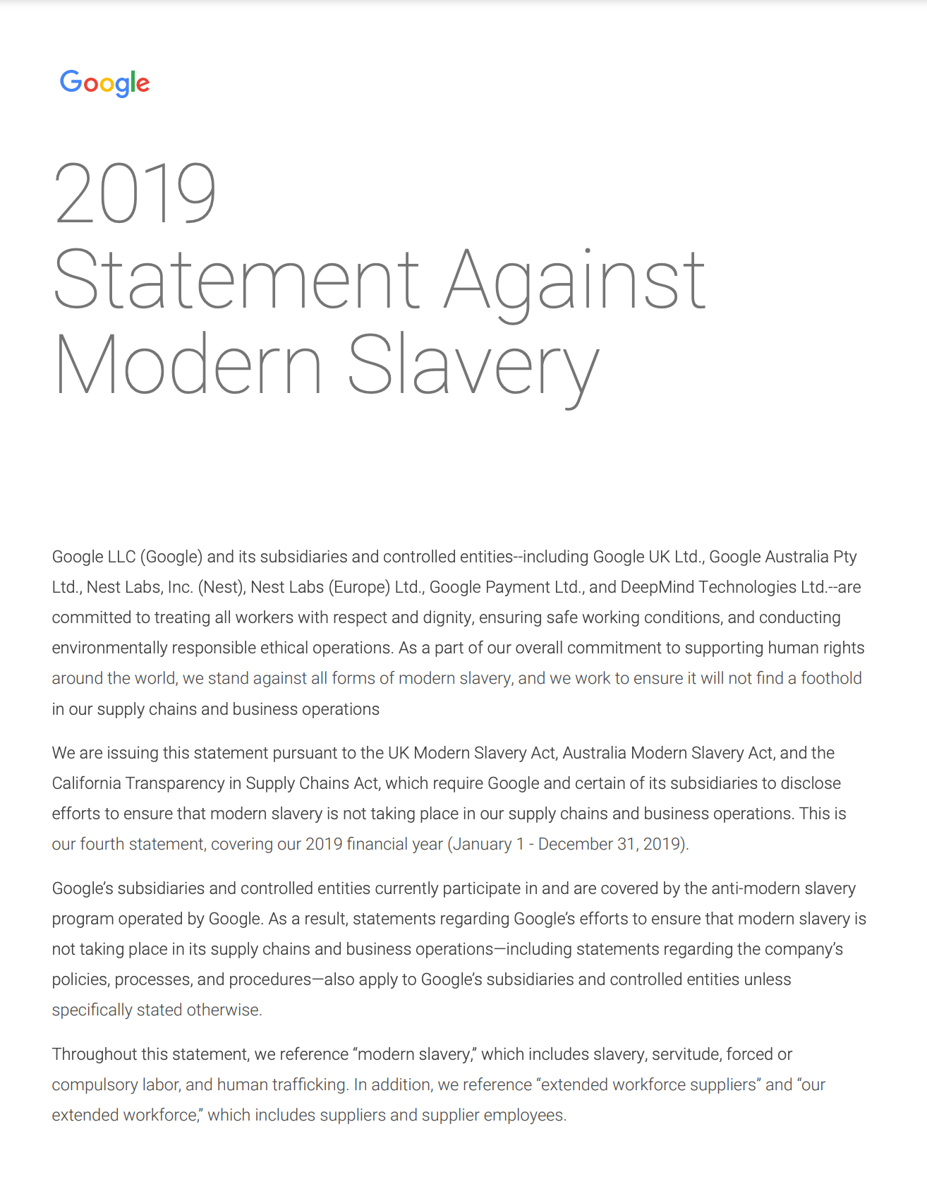 Cover image of the 2019 Statement Against Modern Slavery