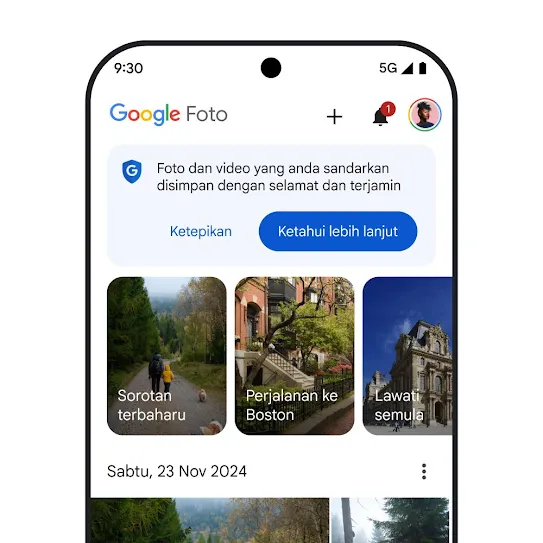 Visual skrin telefon pintar dengan Google Photos dibuka, memaparkan mesej keselamatan yang menyatakan, “Foto dan video yang anda sandarkan disimpan dengan selamat dan terjamin” dengan pautan untuk mengetahui lebih lanjut.