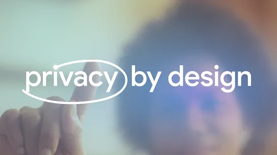 A conceptual graphic featuring the text "privacy by design" in white lowercase letters. A blurred person in the background points toward the word "privacy," which is encircled by a thin white line. The image illustrates the core privacy framework used to develop the Circle to Search feature.