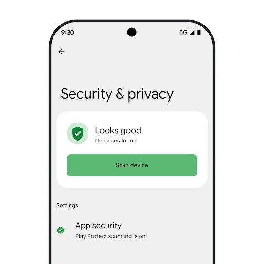 Visual of a smartphone screen running Android OS with the Security & Privacy settings open, displaying the results of a device scan and app security settings.