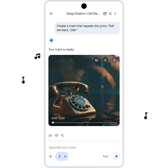 Using the Gemini app to generate a custom soundtrack by entering a simple prompt and including an image on an Android phone.