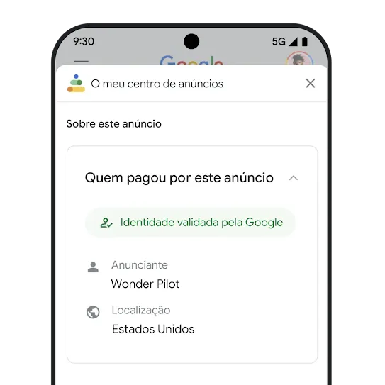 Simulação da página "Quem pagou por este anúncio" em O meu centro de anúncios. 