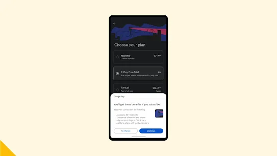 A mock streaming apps checkout experience displays a list of subscription benefits