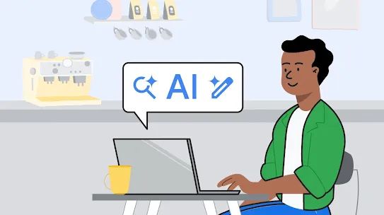 An illustration of a person seated in a kitchen, researching a subject on a laptop