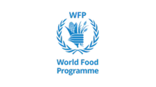 Official logo for the World Food Programme featuring a light blue emblem with grains inside an olive wreath above stacked blue text on a white background.