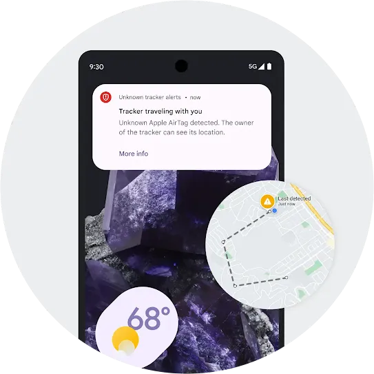 An Android screen showing an &quot;Unknown tracker alerts&quot; alert along with the message &quot;Tracker traveling with you. Unknown AirTag detected. The owner of the tracker can see its location.&quot; and a &quot;More info&quot; button.  Below is a small map with a circle with a warning label in it.