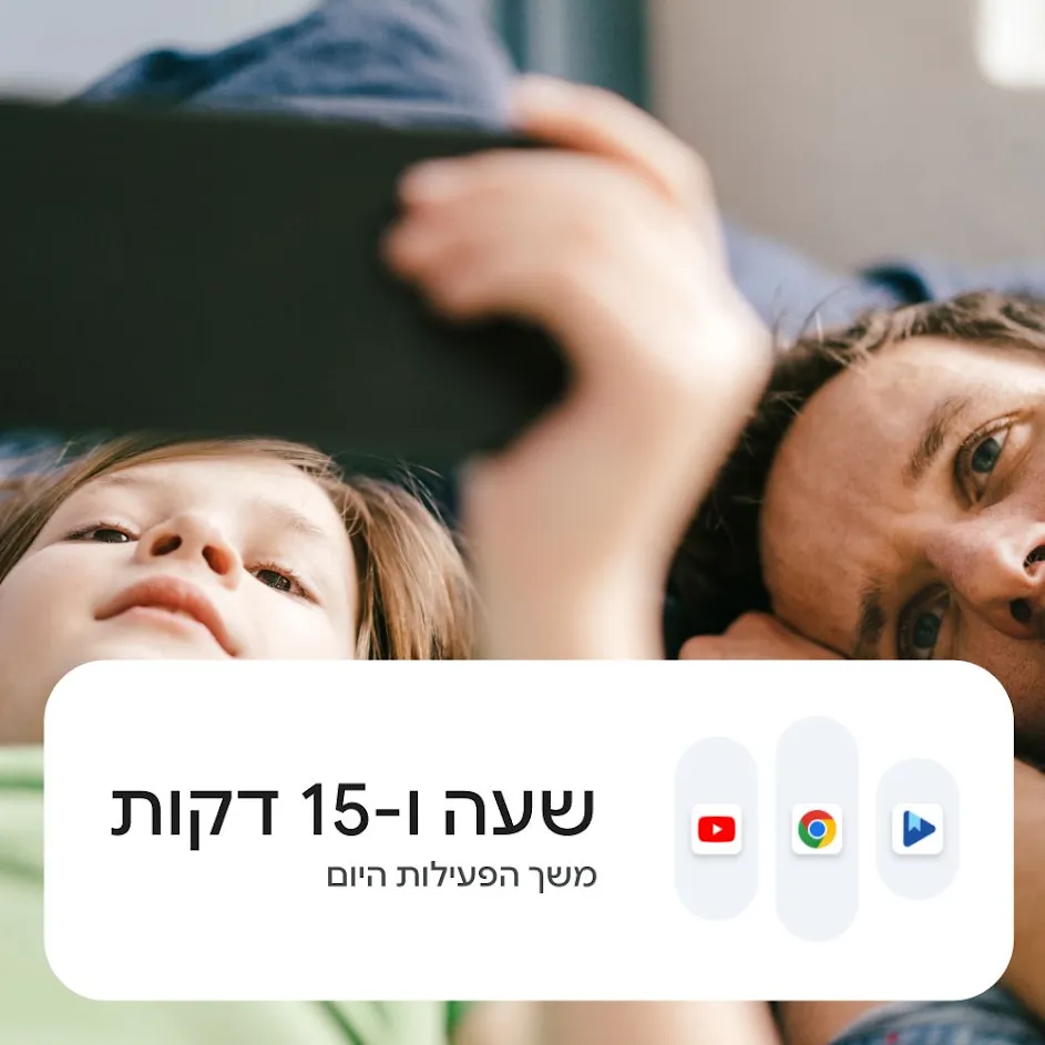 תמונה של אבא ובן שוכבים אחד ליד השני בבית, צופים בתוכן בסמארטפון ונראים שמחים. בפינה השמאלית העליונה של התמונה מוצג סמל פרופיל המשתמש של הילד. בפינה השמאלית התחתונה יש ממשק משתמש של הגדרות זמן המסך. 