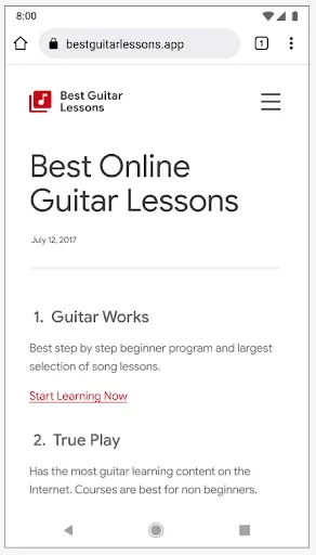 A mobile webpage for "Best Guitar Lessons" featuring an article titled "Best Online Guitar Lessons." The content lists recommended programs like "Guitar Works" and "True Play," representing the type of organic content supported by digital advertising.