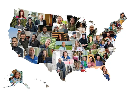 A photomontage of dozens of diverse people's headshots and portraits, all contained within and creating the precise shape of a map of the United States, including Alaska and Hawaii, on a clean white background.