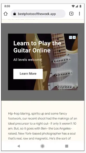 A mobile lifestyle blog titled "Best Photos of the Week" featuring a large, high-quality display ad titled "Learn to Play the Guitar Online" with a "Learn More" button.