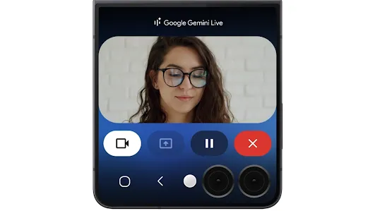 A short video demonstration of how Gemini Live’s camera function shows a person with long dark hair in front of a white brick wall trying on different glasses asking Gemini Live which frames fit their face better.