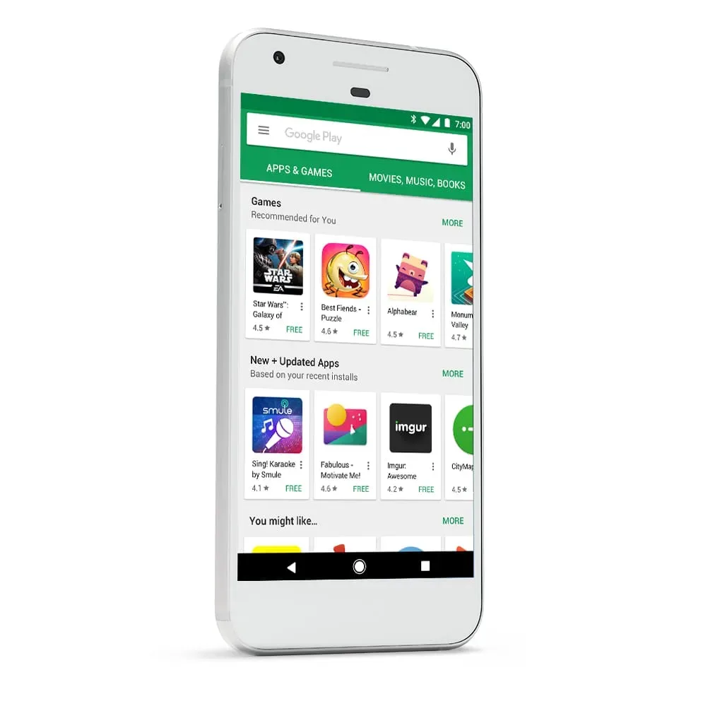 A smartphone displaying the Google Play Store browsing screen with lists of recommended games and updated apps.