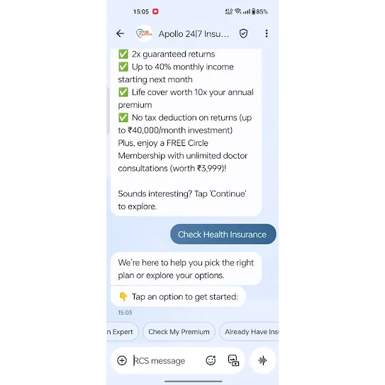 Phone UI showing example customer messages with Apollo