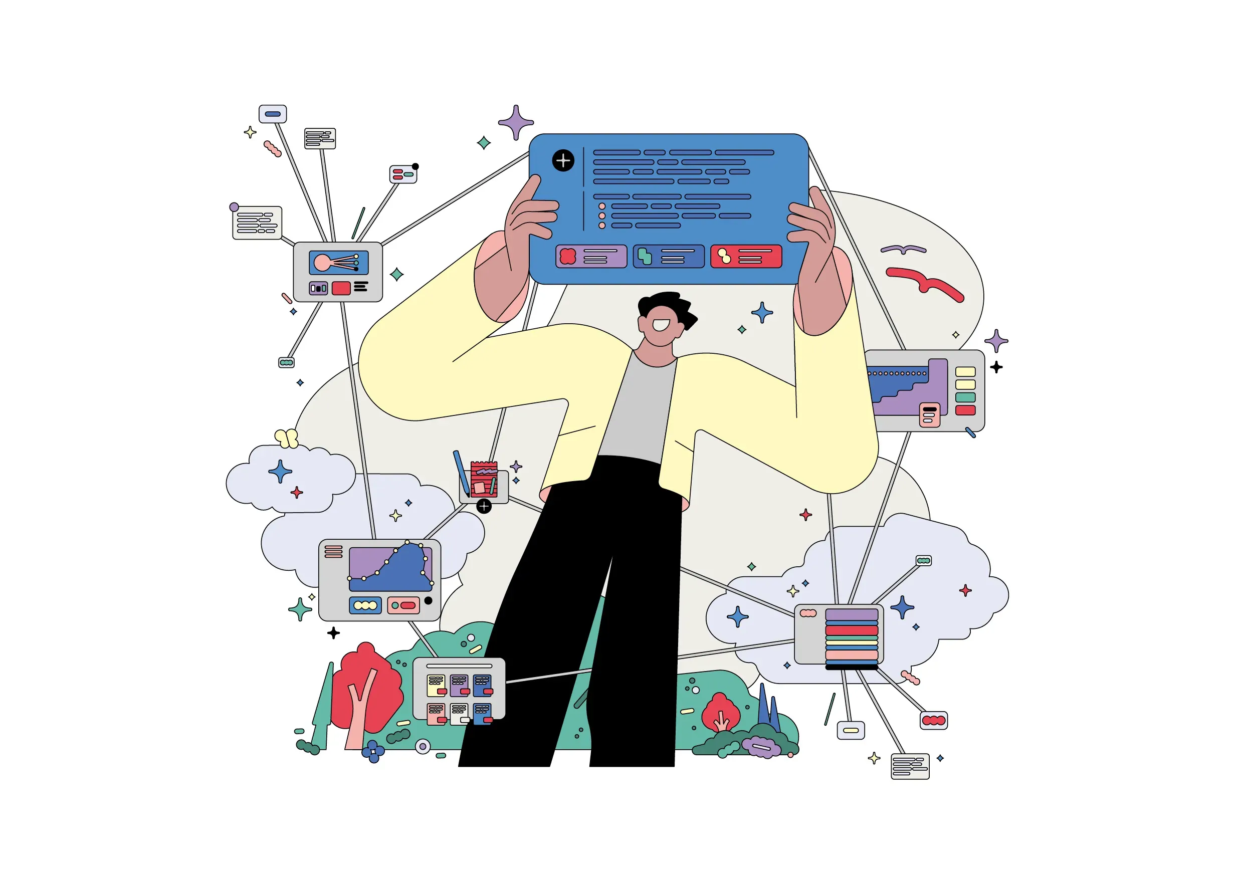 A person holding up a large blue digital dashboard, connected by lines to various graphs, clouds, and data centers in a landscape setting.
