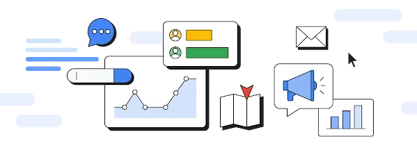 Illustration of digital marketing tools, including a line graph, loudspeaker, email icon, location pin, video icon, and user analytics.