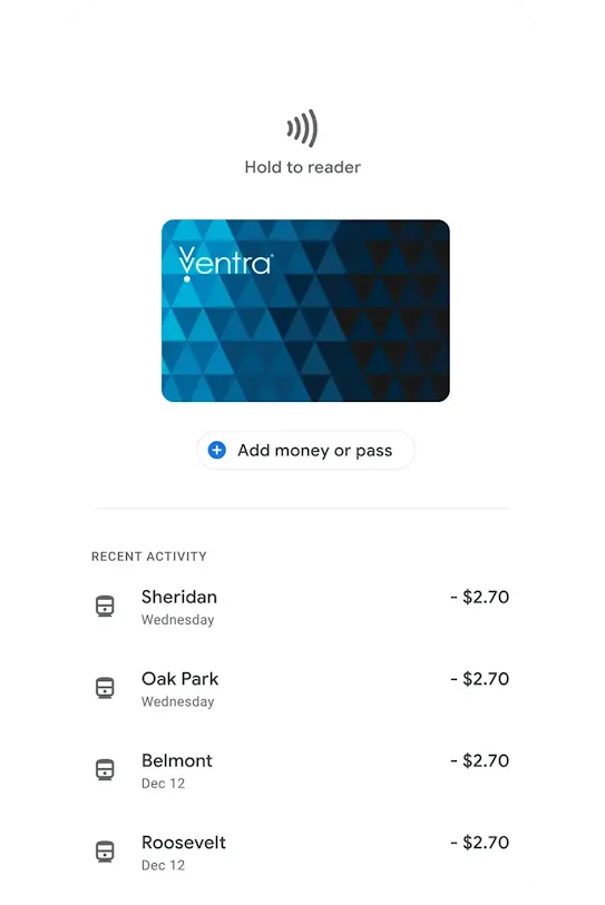 Transaction history of trips paid with Ventra card on Google Pay
